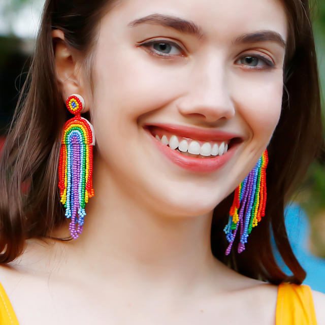 Boho handmade rainbow seed bead tassel earrings
