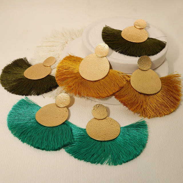 Boho color rope tassel fan shape earrings