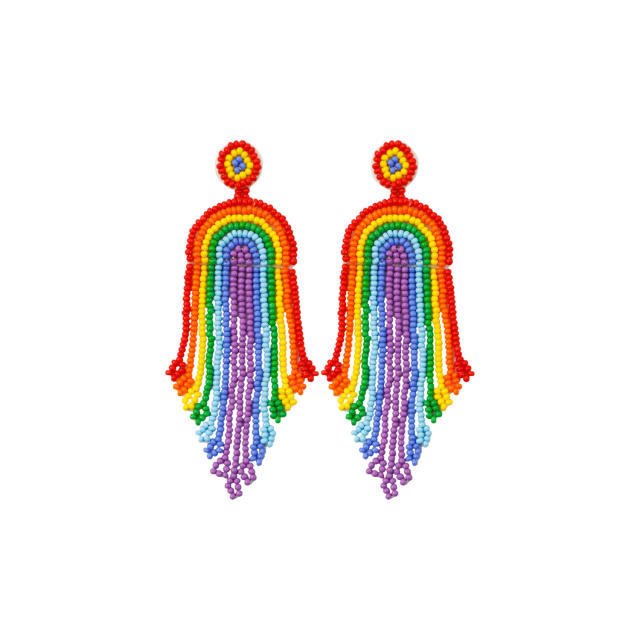 Boho handmade rainbow seed bead tassel earrings