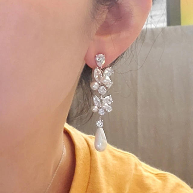 Elegant pearl bead drop diamond earrings