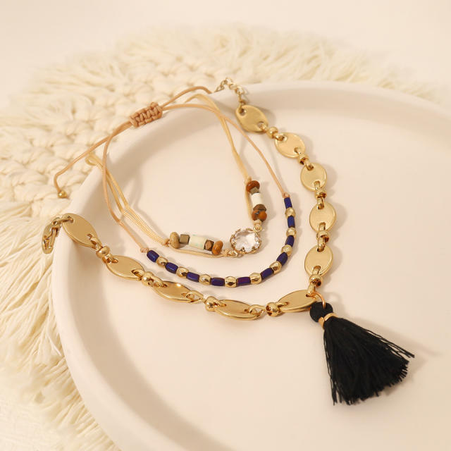 Boho rope tassel charm three layer bracelet set