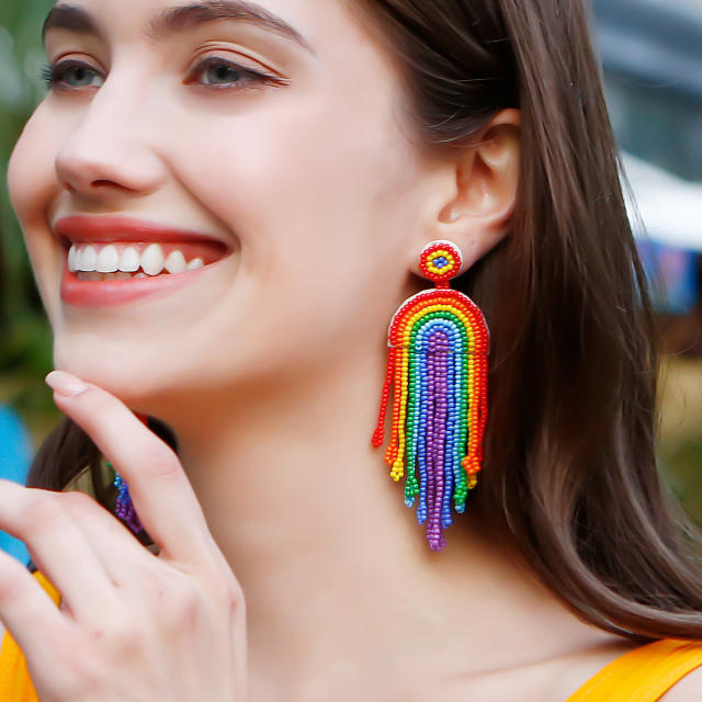 Boho handmade rainbow seed bead tassel earrings
