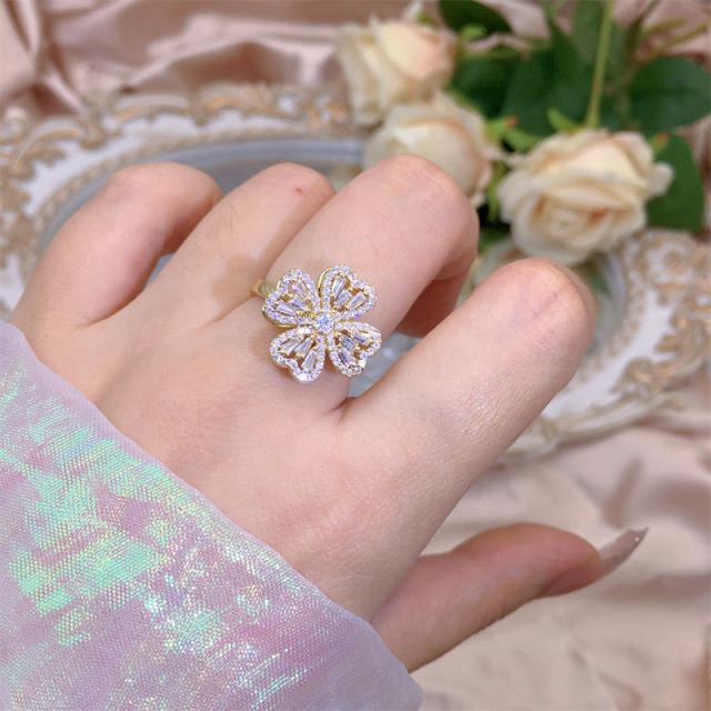 Delicate diamond flower clover copper rotatable fidget rings