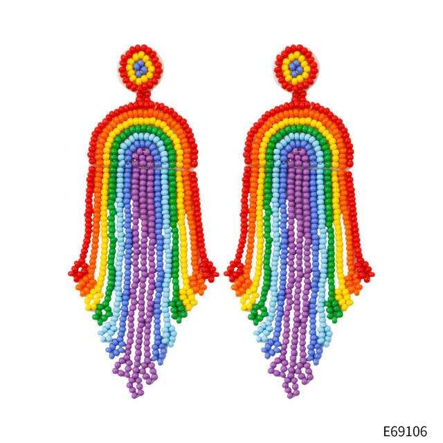 Boho handmade rainbow seed bead tassel earrings