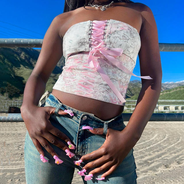 Y2K sweet pink strappy off shoulder cropped tops