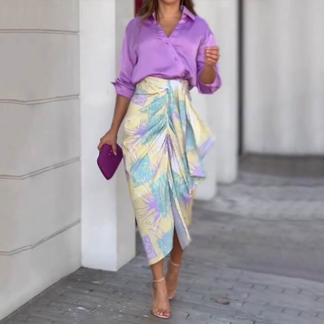 Elegant purple color blouse irregular midi skirt set