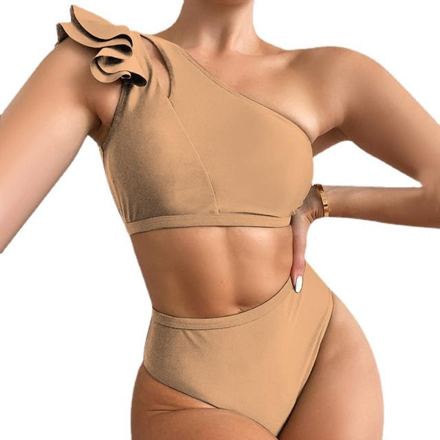 Plain color ruffle single shoulder high waist swimsuit