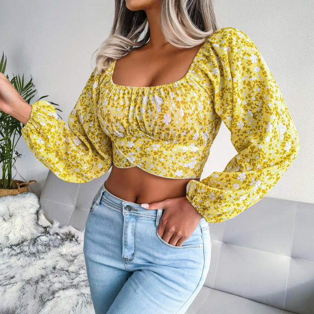 Holiday trend floral pattern balloon sleeve cropped tops