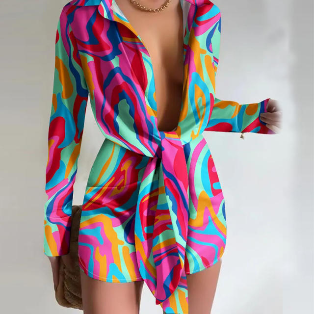 Sexy color pattern long sleeve tie front shirt dress