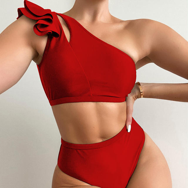 Plain color ruffle single shoulder high waist swimsuit