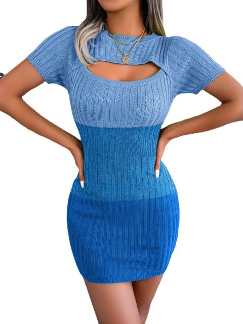 Sexy hollow out color match knitted bodycon short dress