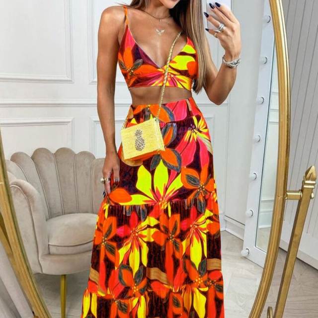 Summer design sexy camisole cropped tops maxi skirt set