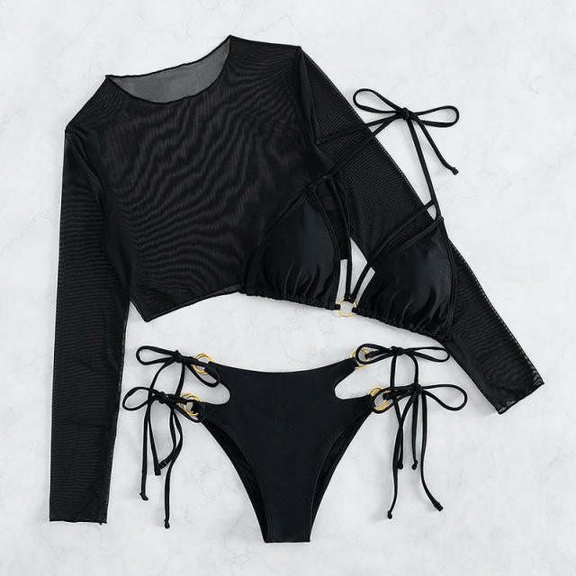Black color sexy bikini long sleeve tops set