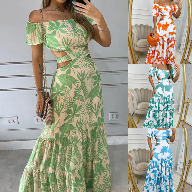 Summer floral pattern off shoulder backless maxi holidy dress