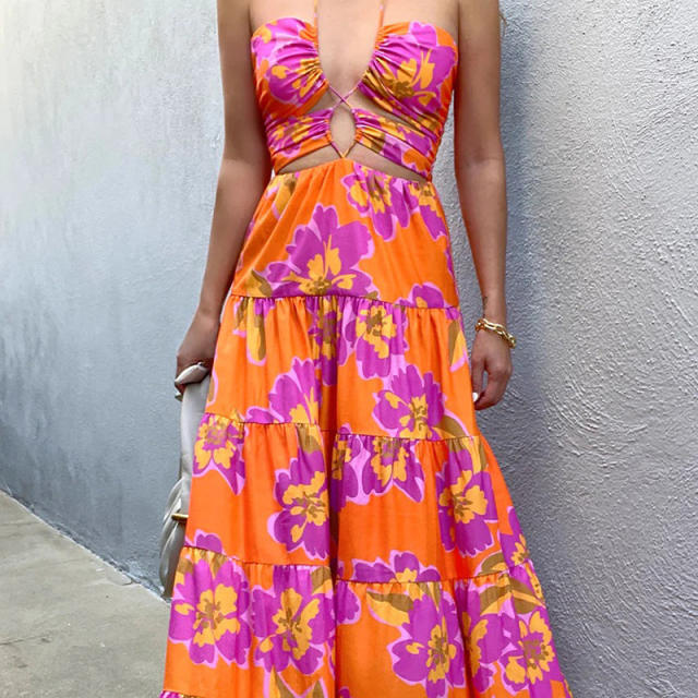 INS sexy hollow out waist floral maxi holiday dress