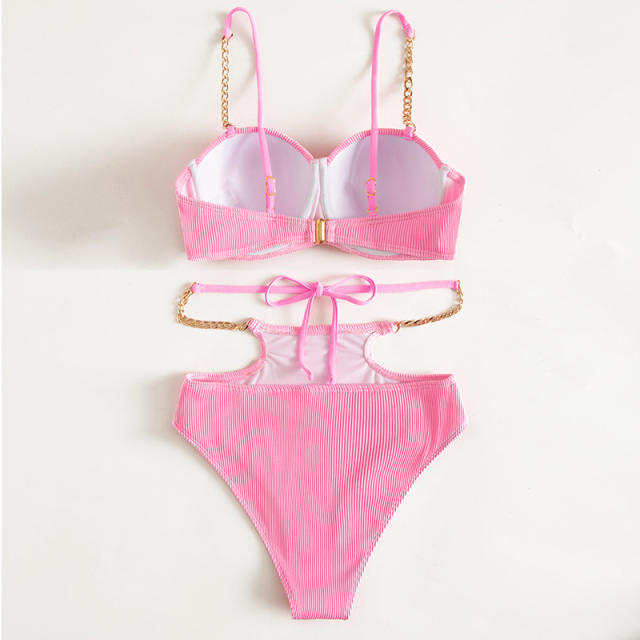 Sweet pink color high waist two piece swimsuit