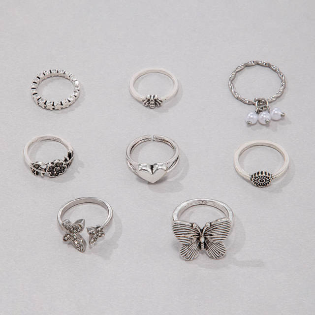 Vintage silver color flower butterfly alloy stackable rings