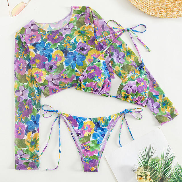 Sexy floral pattern bikini long sleeve cover up set