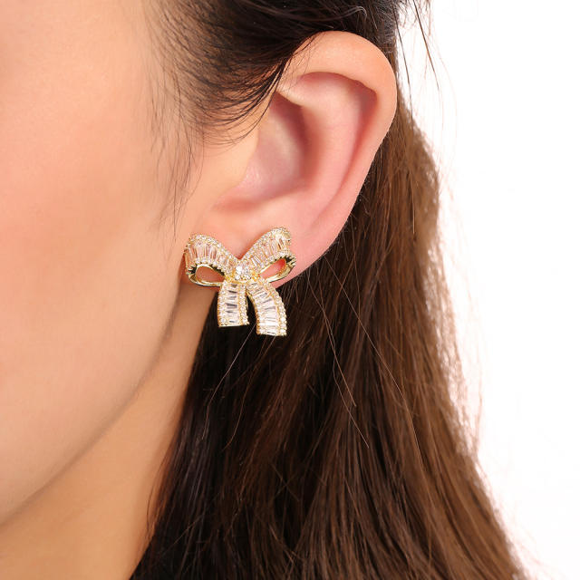 Diamond bow copper clip on earrings(1pcs price)