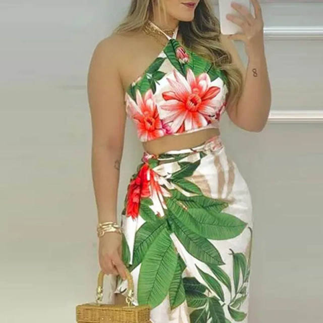 Holiday trend flower pattern halter cropped tops skirt set
