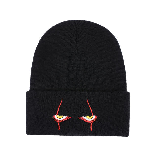 Color embroidery black color knitted beanie cap