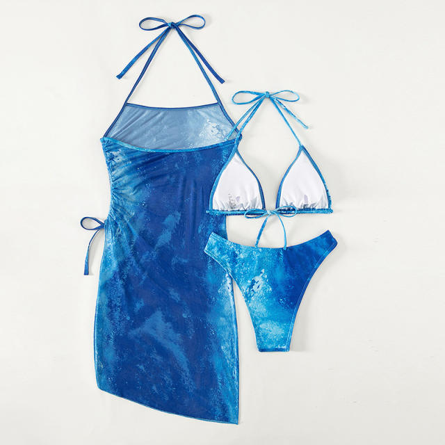 Sexy tie dry blue color bikini cover up dress set