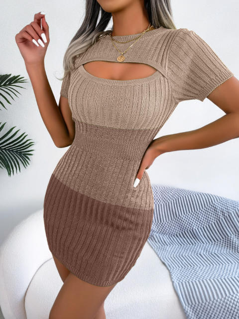 Sexy hollow out color match knitted bodycon short dress