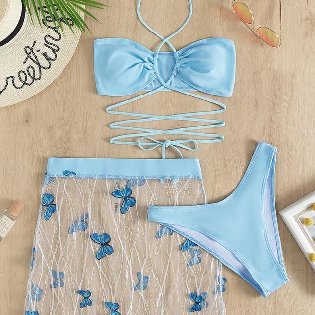 Blue color strappy bikini butterfly skirt cover up set