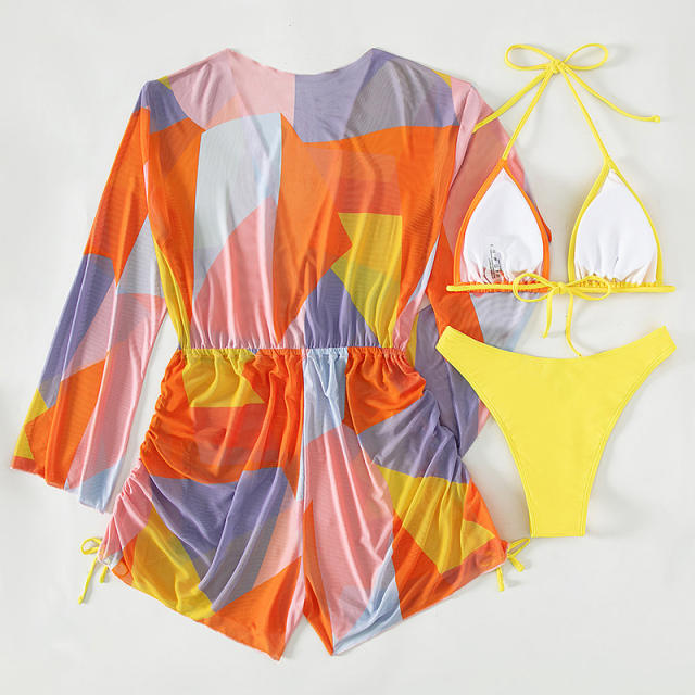 Color pattern sexy bikini cover up set