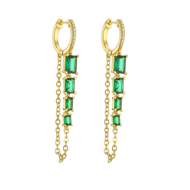 Colorful cubic zircon real gold plated copper tassel huggie earrings