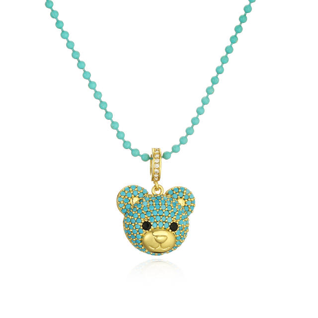 Cute diamond bear copper pendant color bead necklace