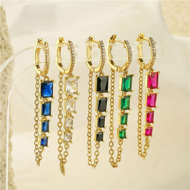 Colorful cubic zircon real gold plated copper tassel huggie earrings