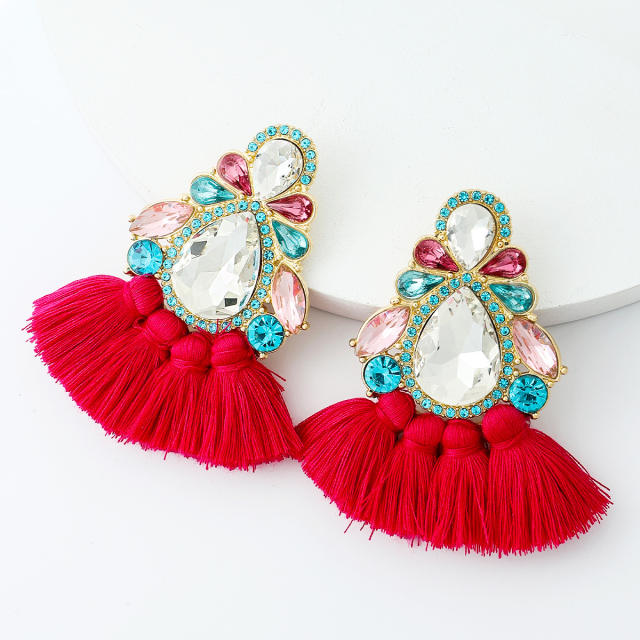 Boho colorful rope tassel glass crystal statement chunky earrings