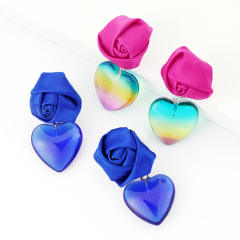 Fabric rose flower acrylic heart sweet earrings