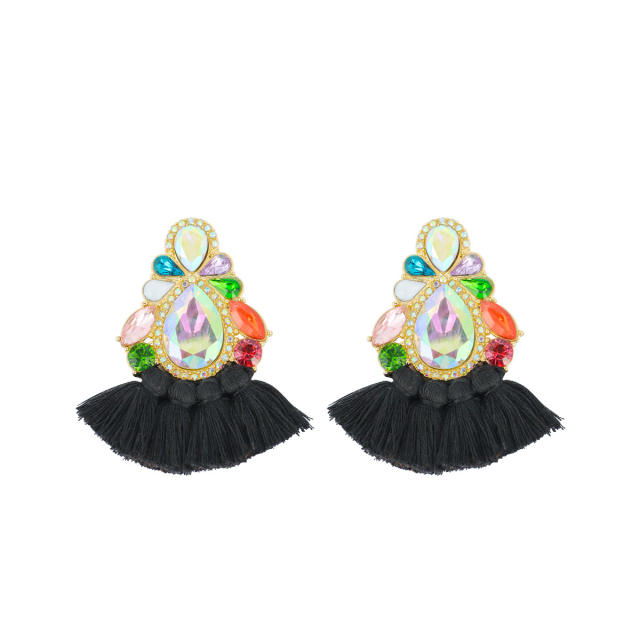 Boho colorful rope tassel glass crystal statement chunky earrings