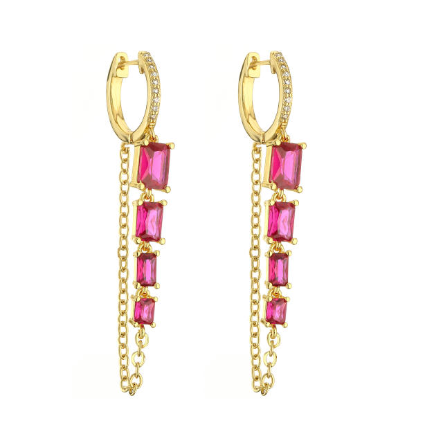 Colorful cubic zircon real gold plated copper tassel huggie earrings