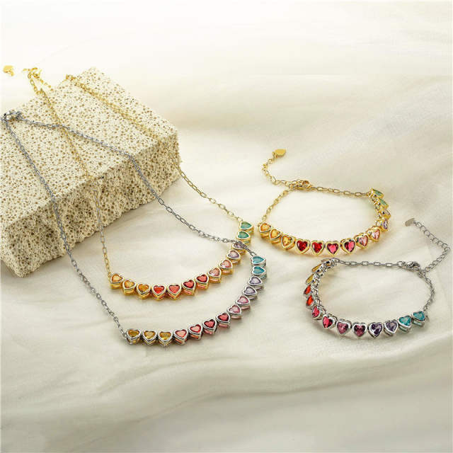 Delicate rainbow cubic zircon heart gold plated copper necklace bracelet set