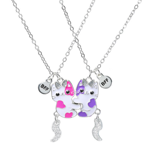 Cute kitty cat color enamel Magnetic attraction necklace set