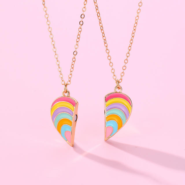 Hot sale rainbow heart enamel BFF necklace