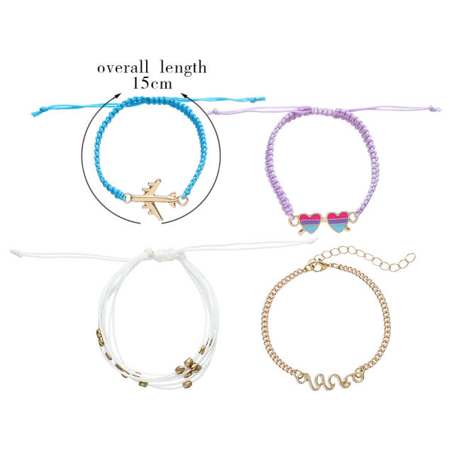 4pcs sweet color enamel heart plane braid bracelet set