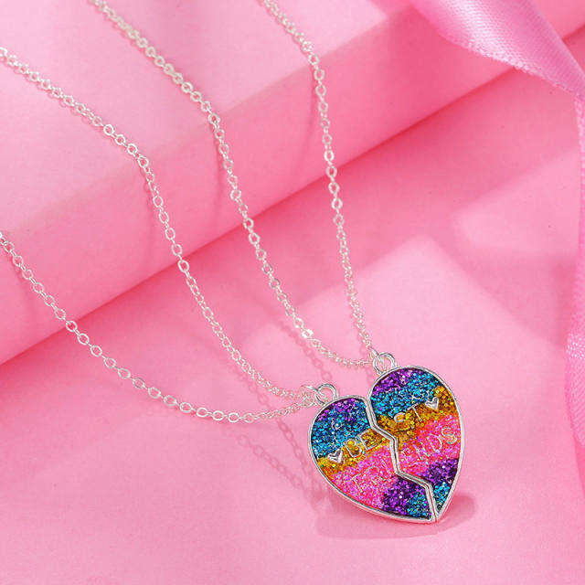 Rainbow color Gliter sequins heart BFF necklace set