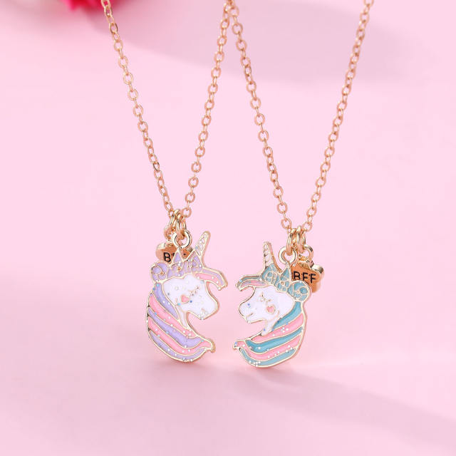 Sweet unicorn enamel alloy pendant BFF necklace set