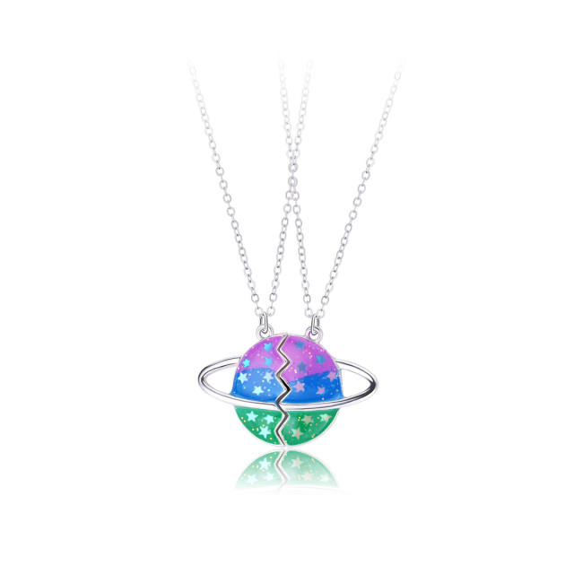 Color enamel alloy Magnetic attraction planet BFF necklace set