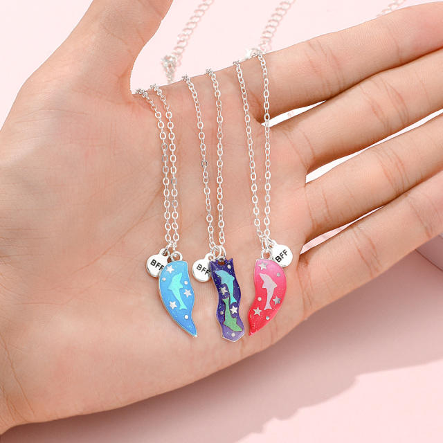 3pcs sweet dolphin pattern heart BFF necklace set