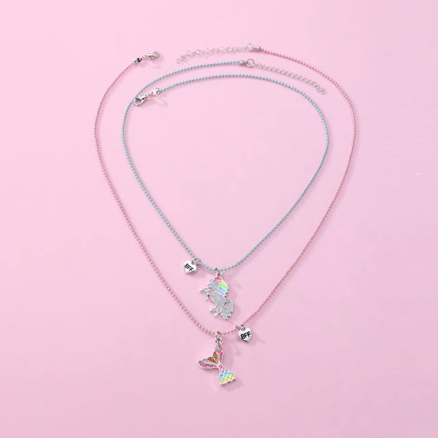 Delicate diamond unicorn fish tail BFF necklace set