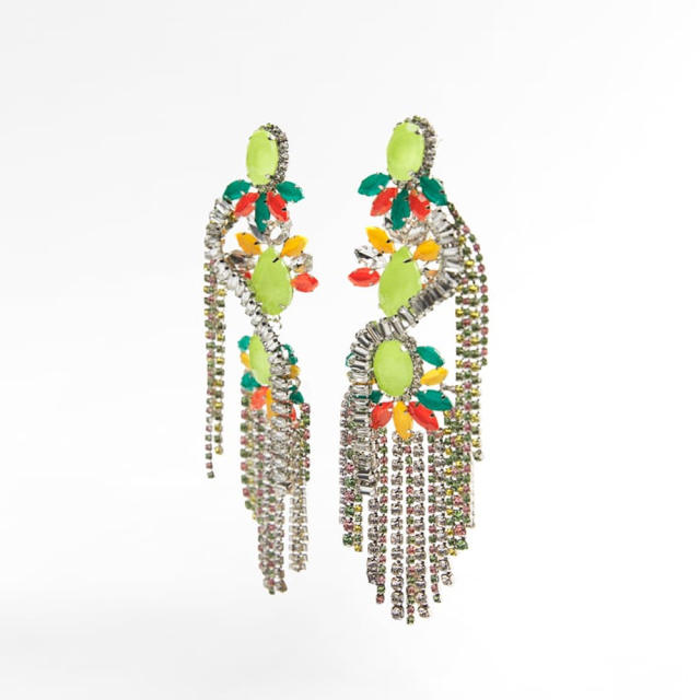 Chunky color glass crystal diamond tassel earrings