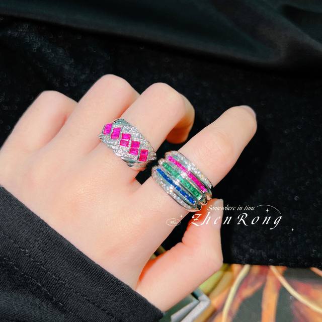 Luxury colorful cubic zircon pave setting statement copper rings