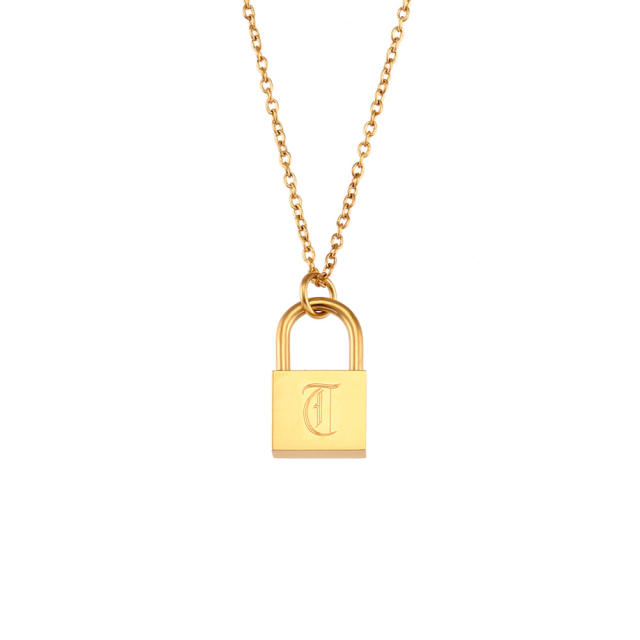 Hiphop vintage initial letter padlock pendant stainless steel necklace