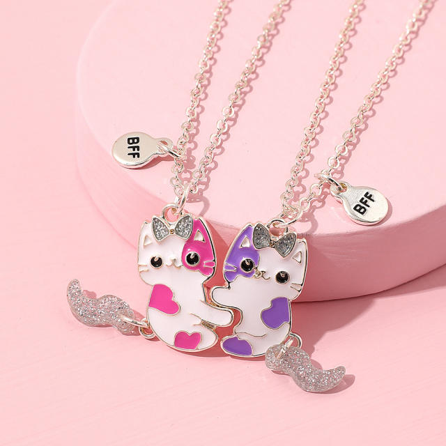 Cute kitty cat color enamel Magnetic attraction necklace set