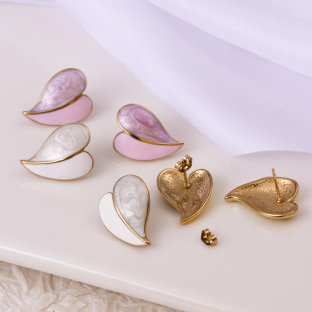 Color matching enamel heart stainles steel ear studs